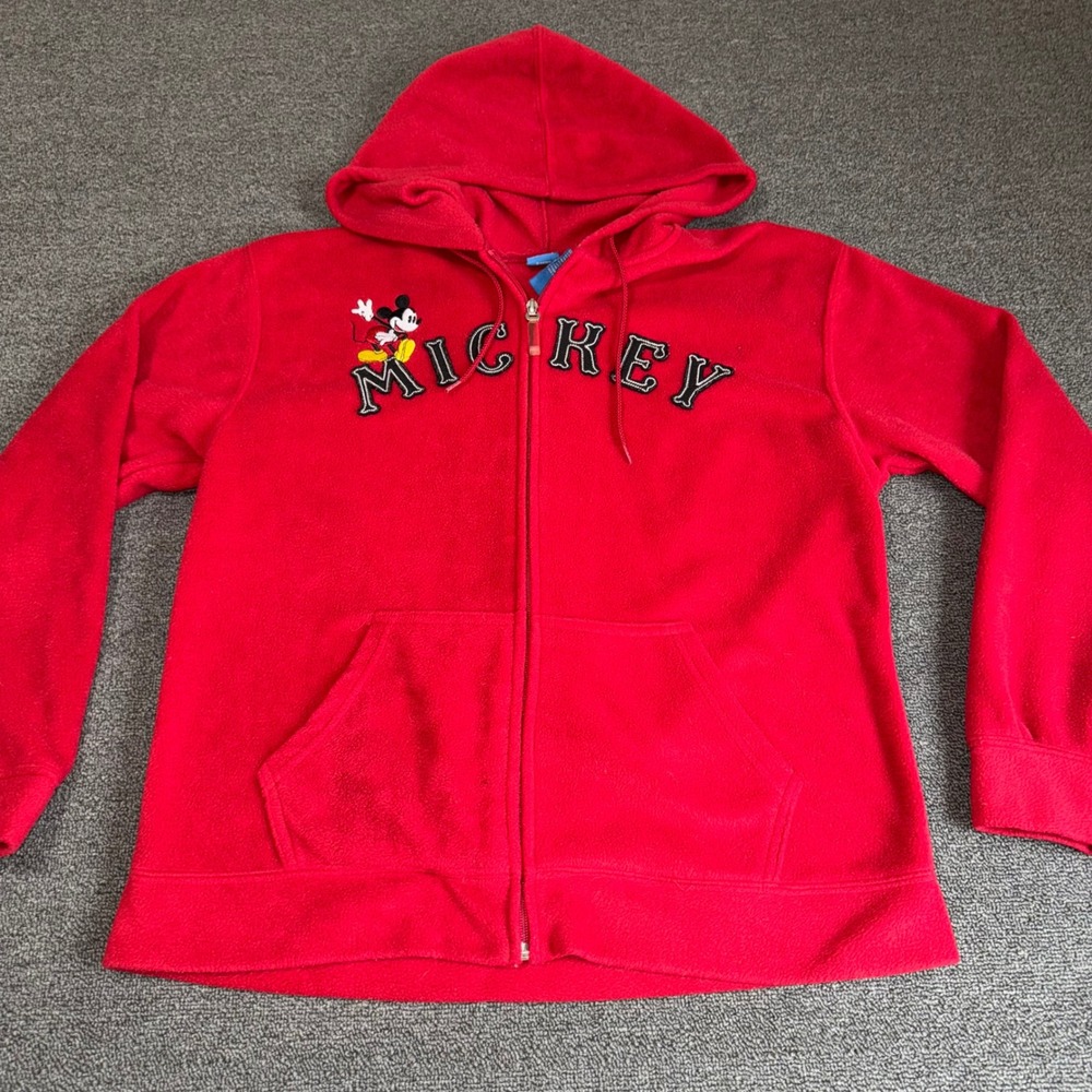 Disney Mickey Mouse Athletics Red Fleece Full Zip Hoodie Sweatshirt Medium